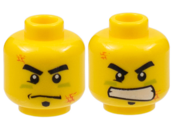LEGO 3626pb0445 Minifigure, Head Dual Sided Black Thick Eyebrows and Soul Patch, Right Lower Eyelid, Lime Paint Under Eyes, Orange Scuff Marks, Stern with Dimple / Angry Bared Teeth Pattern - Main Product Image