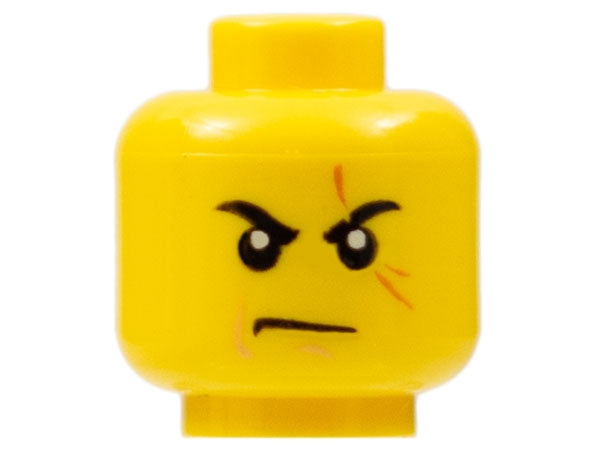LEGO 3626pb0526 Minifigure, Head Black Eyebrows, Dark Orange Scar Across Left Eye, Nougat Cheek Line and Chin Dimple, Scowl Pattern - Main Product Image