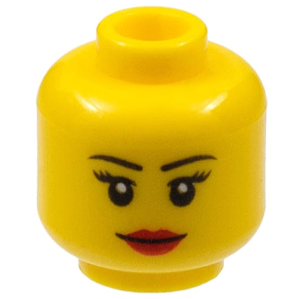 LEGO 3626pb0629 Minifigure, Head Female Black Thin Eyebrows, Eyelashes, Red Lips, Grin Pattern - Main Product Image