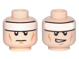 LEGO 3626pb0637 Minifigure, Head Dual Sided White Headband, Medium Nougat Cheek Lines and Chin Dimple, Frown / Lopsided Open Mouth with Teeth Pattern - Main Product Image