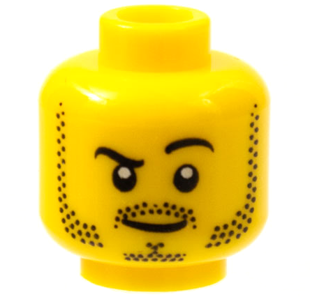 LEGO 3626pb0653 Minifigure, Head Black Eyebrows, Left Raised, Moustache, Mutton Chops and Goatee Stubble, Lopsided Grin Pattern - Main Product Image