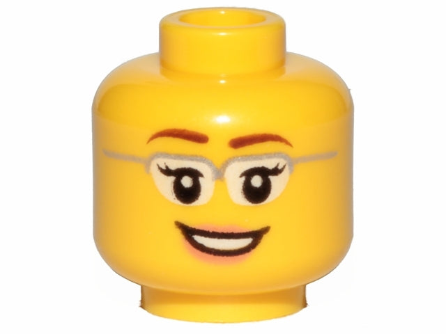 LEGO 3626pb1210 Minifigure, Head Female Glasses with Silver Frames, Reddish Brown Eyebrows, Eyelashes, Nougat Lips, Open Mouth Smile with Teeth Pattern - Main Product Image