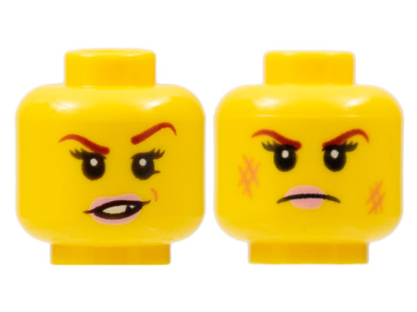 LEGO 3626pb1503 Minifigure, Head Dual Sided Female Dark Red Eyebrows, Pink Lips, Frown, Scratches / Eyebrow Raised, Chipped Toothed Smirk Pattern - Main Product Image