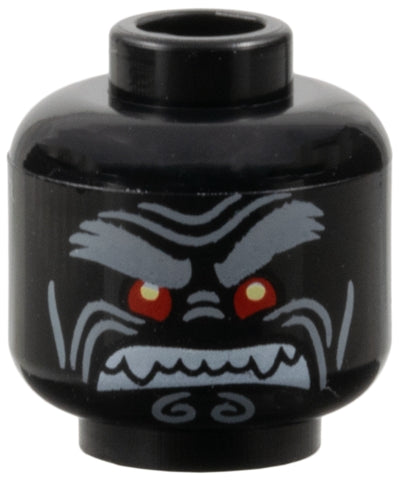 LEGO 3626pb1899 Minifigure, Head Alien with Light Bluish Gray Bushy Eyebrows, Left Raised Eyebrow, Red Eyes and Clenched White Fangs Pattern - Main Product Image