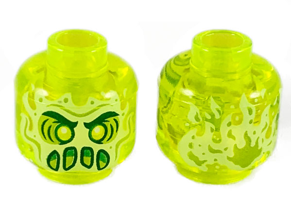 LEGO 3626pb2435 Minifigure, Head Alien Ghost with Yellowish Green Face, Dark Green Thick Eyebrows, Lime Eye Shadow, Furrowed Brow, Green Angry Open Mouth with Slime, Flames on Back Pattern - Main Product Image