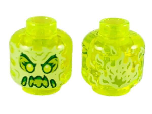 LEGO 3626pb2451 Minifigure, Head Alien Female Ghost with Yellowish Green Face, Dark Green Eyebrows, Double Eyelashes, Lime Eye Shadow, Green Angry Open Mouth with Slime, Sharp Teeth and Tongue, Flames on Back Pattern - Main Product Image