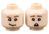LEGO 3626pb2660 Minifigure, Head Dual Sided Dark Brown Eyebrows, Medium Nougat Chin Dimple, Lopsided Grin with Raised Left Eyebrow / Scared Open Mouth with Top Teeth Pattern - Main Product Image