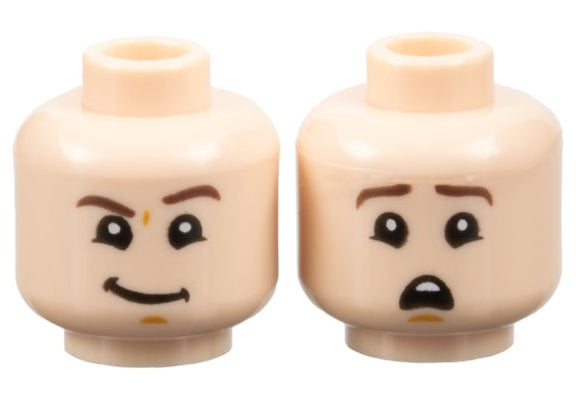 LEGO 3626pb2660 Minifigure, Head Dual Sided Dark Brown Eyebrows, Medium Nougat Chin Dimple, Lopsided Grin with Raised Left Eyebrow / Scared Open Mouth with Top Teeth Pattern - Main Product Image