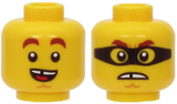 LEGO 3626pb2667 Minifigure, Head Dual Sided Reddish Brown Thick Eyebrows, Chin Dimple, Open Mouth Smile with Tongue / Angry with Black Mask Pattern - Main Product Image
