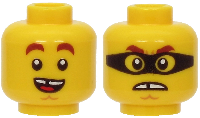 LEGO 3626pb2667 Minifigure, Head Dual Sided Reddish Brown Thick Eyebrows, Chin Dimple, Open Mouth Smile with Tongue / Angry with Black Mask Pattern - Main Product Image