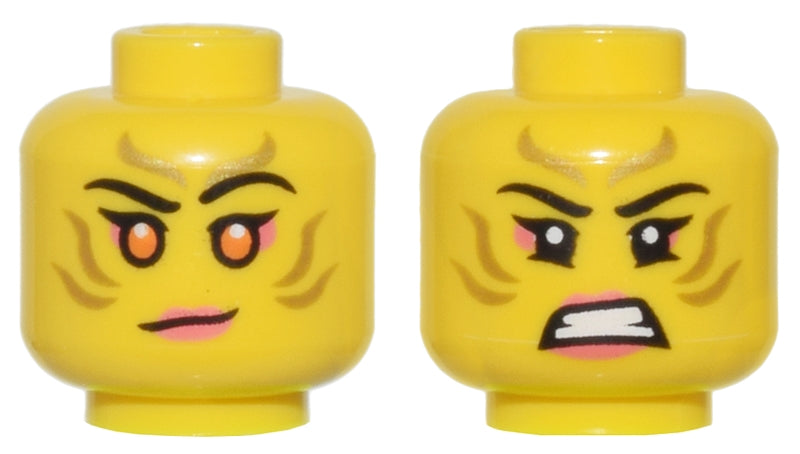 LEGO 3626pb3368 Minifigure, Head Dual Sided Female Gold Stripes Face Paint, Coral Lips and Eye Shadow, Orange Eyes, Lopsided Grin / Bared Teeth Pattern - Main Product Image