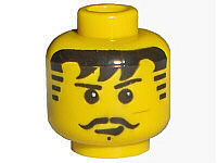 LEGO 3626px129 Minifigure, Head Black Thin Eyebrows, Curled Moustache, Hair with Bangs, Striped Sideburns and Chin Dimple, Small Lopsided Open Mouth Smile Pattern - Main Product Image