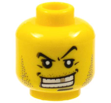 LEGO 3626px303 Minifigure, Head Male Arched Eyebrow, White Teeth with Gold Tooth, Fine Stubble and Line under Mouth Pattern - Main Product Image