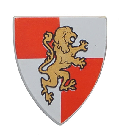 LEGO 3846pb027 Minifigure, Shield Triangular Short with Gold Lion on Red and White Quarters Background Pattern - Main Product Image