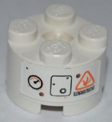 LEGO 3941pb12 Brick, Round 2 x 2 with Axle Hole with Gauge, Bolted Panel and Black 'WARNING' Pattern (Sticker) - Set 8958 - Main Product Image