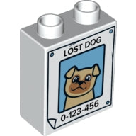LEGO 4066pb778 Duplo, Brick 1 x 2 x 2 with &#39;Lost Dog&#39;, Tan Dog on Poster, and &#39;0-123-456&#39; Phone Number Pattern - Main Product Image