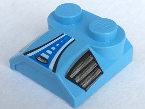 LEGO 41855pb05 Slope, Curved 2 x 2 x 2/3 with 2 Studs and Curved Sides, Lip End with Black, Blue and White Stripes, Silver Air Vents Pattern - Main Product Image