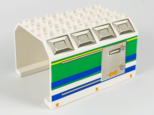 LEGO 42604pb001 Aircraft Fuselage Middle Angular Top 6 x 8 x 4 with Door on Blue, Green, and Yellow Stripes Pattern - Main Product Image