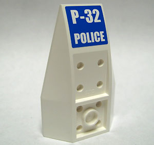 LEGO 43713pb01 Wedge 6 x 4 Triple Inverted Curved with White 'P-32' and 'POLICE' on Blue Background Pattern (Sticker) - Set 7741 - Main Product Image