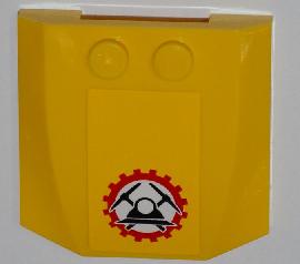 LEGO 45677pb059 Wedge 4 x 4 x 2/3 Triple Curved with Miners Logo (Helmet with Crossed Pickaxes in Gear) Pattern (Sticker) - Sets 4200 / 4201 - Main Product Image