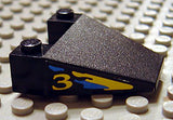 LEGO 4858pb06 Wedge 4 x 4 Taper without Stud Notches with Blue & Yellow Splash & &#39;3&#39; Pattern on Both Sides (Stickers) - Set 8207 - Main Product Image