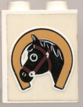 LEGO 4864apb002 Panel 1 x 2 x 2 - Solid Studs with Horseshoe and Black Horse Head Pattern (Sticker) - Set 6359 - Main Product Image