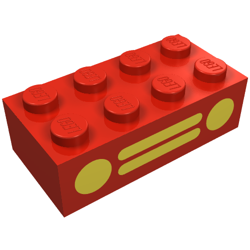 LEGO 3001p11 Brick 2 x 4 with Yellow Car Grille and Headlights, 2 Circles and 2 Horizontal Lines Pattern - Main Product Image