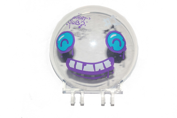 LEGO 50747pb17 Windscreen 6 x 6 x 3 Canopy Half Sphere with Dual 2 Fingers with Dark Azure Eyes, White Teeth with Dark Purple Outline, 'WHAT SUB?' and "#1" Pattern - Main Product Image