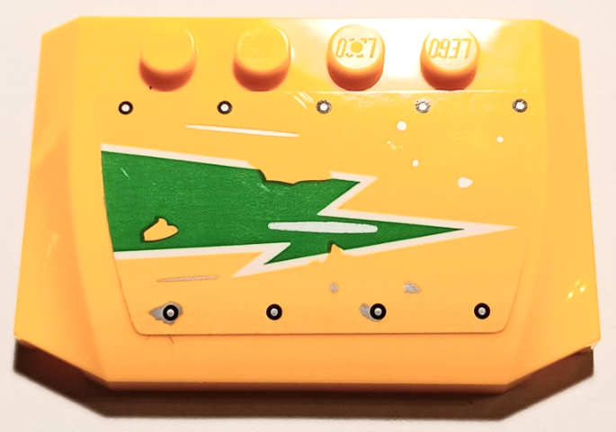 LEGO 52031pb178L Wedge 4 x 6 x 2/3 Triple Curved with Bright Green and White Worn Lightning Bolt and Silver Rivets Pattern Model Left Side (Sticker) - Set 70429 - Main Product Image