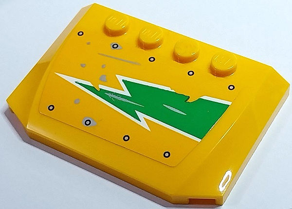 LEGO 52031pb178R Wedge 4 x 6 x 2/3 Triple Curved with Bright Green and White Worn Lightning Bolt and Silver Rivets Pattern Model Right Side (Sticker) - Set 70429 - Main Product Image