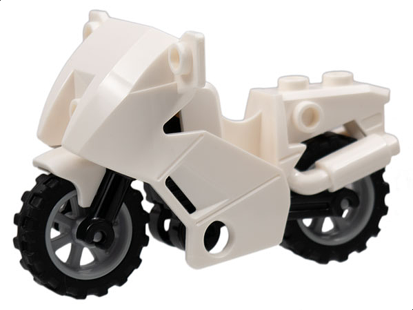LEGO 52035c02 Motorcycle City with Black Chassis (Long Fairing Mounts) and Light Bluish Gray Wheels in White - Authentic LEGO Part