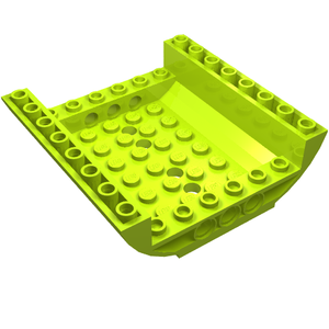 A single lime green LEGO Slope, Curved 8 x 8 x 2 Inverted Double piece, showing its studs and Technic pin holes.