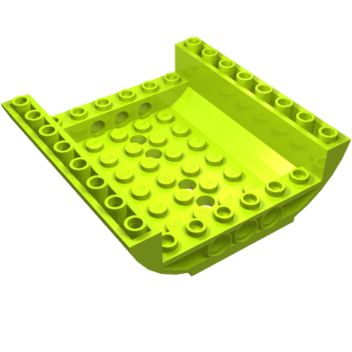 A single lime green LEGO Slope, Curved 8 x 8 x 2 Inverted Double piece, showing its studs and Technic pin holes.
