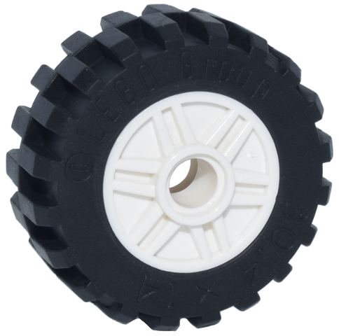 LEGO 55981c05 Wheel 18mm D. x 14mm with Pin Hole, Fake Bolts and Shallow Spokes with Black Tire 30.4 x 14 Offset Tread - Band Around Center of Tread (55981 / 92402) in White - Authentic LEGO Part