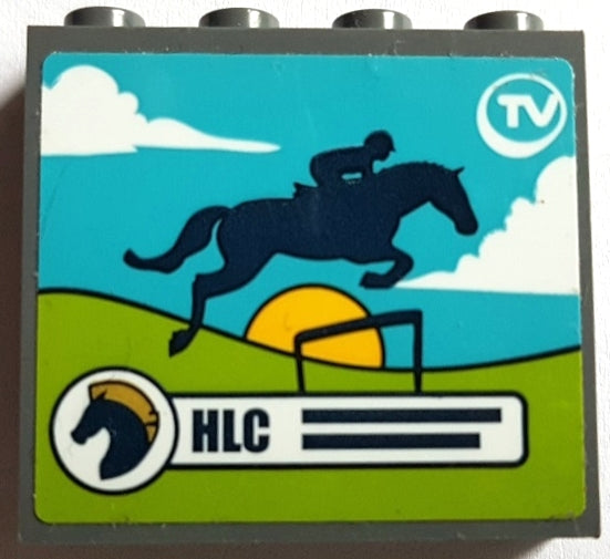 LEGO 60581pb217 Panel 1 x 4 x 3 with Side Supports - Hollow Studs with 'HLC' and Jumping Horse on TV Screen Pattern (Sticker) - Set 41367 - Main Product Image