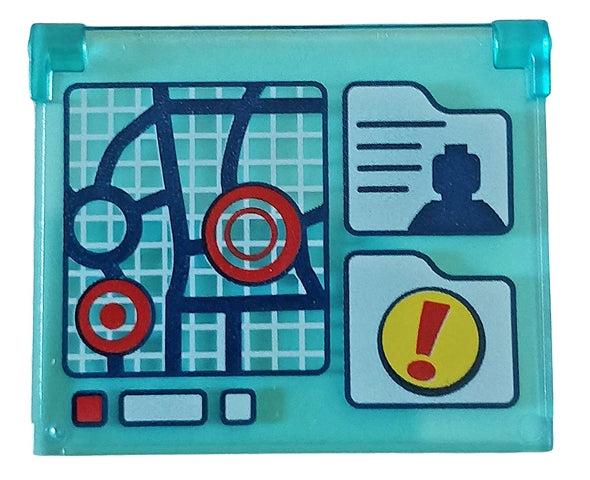 LEGO 60603pb003 Glass for Window 1 x 4 x 3 - Opening with Map, Minifigure Silhouette and Exclamation Mark Pattern - Main Product Image