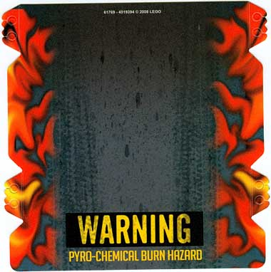 LEGO 61769 Plastic Ramp Cover with Flames and 'WARNING PYRO-CHEMICAL BURN HAZARD' Pattern (8493) - Main Product Image