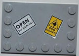 LEGO 6180pb047 Tile, Modified 4 x 6 with Studs on Edges with 'OPEN 8-5 MON-SAT' and 'DOG GUARD' Pattern (Stickers) - Set 8199 - Main Product Image