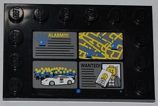 LEGO 6180pb054 Tile, Modified 4 x 6 with Studs on Edges with &#39;ALARM!!!!&#39;, Street Map, White Car and &#39;WANTED!&#39; Pattern (Sticker) - Set 7498 - Main Product Image