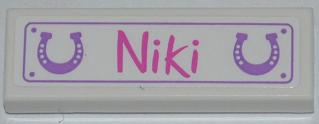 LEGO 63864pb015 Tile 1 x 3 with Medium Lavender Horseshoes, Dark Pink 'Niki' Pattern (Sticker) - Set 3189 - Main Product Image
