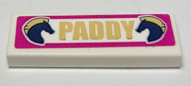 LEGO 63864pb161 Tile 1 x 3 with 'PADDY' and 2 Dark Blue Horses Pattern (Sticker) - Set 41367 - Main Product Image