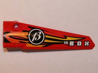 LEGO 64681pb010 Technic, Panel Fairing # 5 Long Smooth, Side A with Orange and Yellow Flames, '13' and 'V8 BOX' Pattern (Sticker) - Set 8864 - Main Product Image