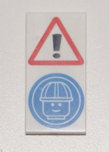 LEGO 87079pb0404 Tile 2 x 4 with Exclamation Mark in Warning Triangle and Minifigure Head with Construction Helmet Pattern - Main Product Image