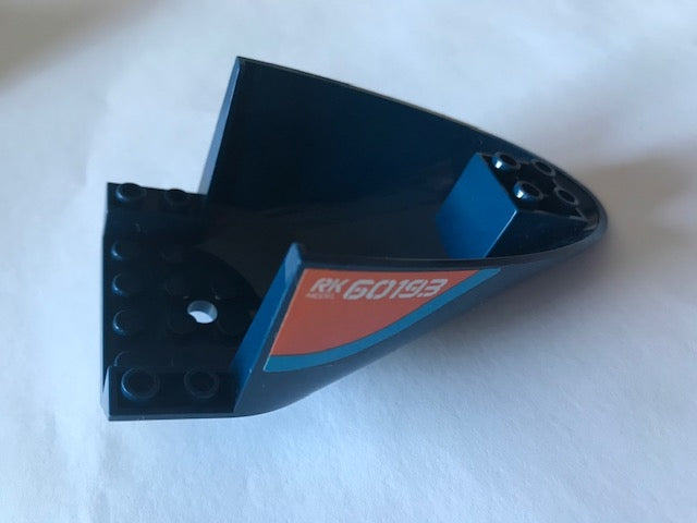 LEGO 87616pb010 Aircraft Fuselage Aft Section Curved Bottom 6 x 10 with Dark Azure Stripe and Orange Triangle With &#39;RK60193&#39; and &#39;Fuel&#39; Pattern on Both Sides (Stickers) - Set 60193 - Main Product Image