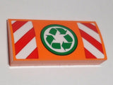 LEGO 88930pb066 Slope, Curved 2 x 4 x 2/3 with Bottom Tubes with Recycling Arrows and Red and White Danger Stripes Pattern (Sticker) - Set 60118 - Main Product Image