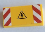 LEGO 88930pb136 Slope, Curved 2 x 4 x 2/3 with Bottom Tubes with Red and White Danger Stripes and Electricity Danger Triangle Pattern (Sticker) - Set 60132 - Main Product Image