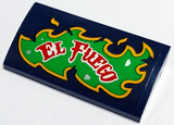 LEGO 88930pb168L Slope, Curved 2 x 4 x 2/3 with Bottom Tubes with Red and White 'EL FUEGO' on Bright Green and Bright Light Orange Flames Pattern Model Left Side (Sticker) - Set 70429 - Main Product Image