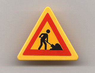 LEGO 892pb013 Road Sign 2 x 2 Triangle with Clip with Worker and 1 Pile Pattern (Sticker) - Set 7905 - Main Product Image