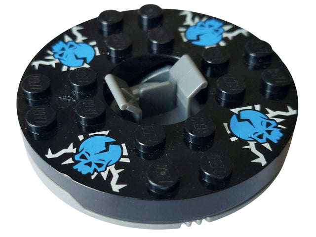 LEGO 92549c02pb04 Turntable 6 x 6 x 1 1/3 Round Base with Black Top with Blue Skulls on White Pattern (Ninjago Spinner) - Main Product Image