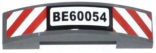 LEGO 93273pb027 Slope, Curved 4 x 1 x 2/3 Double with &#39;BE60054&#39; and Red and White Danger Stripes Pattern (Sticker) - Set 60054 - Main Product Image